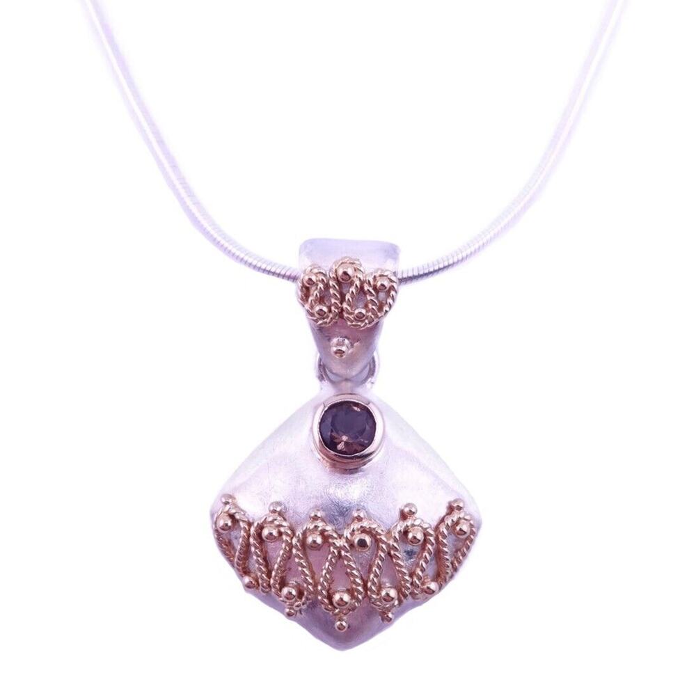 MICHOU Smokey Quartz Sterling Silver & Gold Accented Scrollwork Necklace NWOT